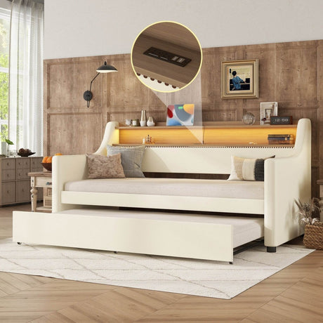 Twin PU Leather Daybed With Trundle Charging Station And LED Light - Slumberine - Sleep Galleria