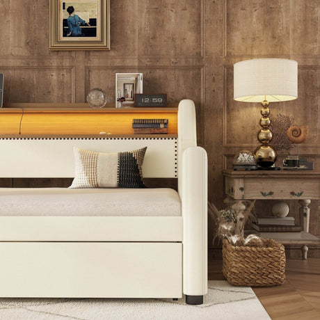 Twin PU Leather Daybed With Trundle Charging Station And LED Light - Slumberine - Sleep Galleria