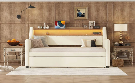 Twin PU Leather Daybed With Trundle Charging Station And LED Light - Slumberine - Sleep Galleria
