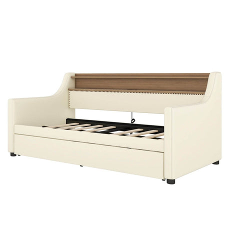 Twin PU Leather Daybed With Trundle Charging Station And LED Light - Slumberine - Sleep Galleria