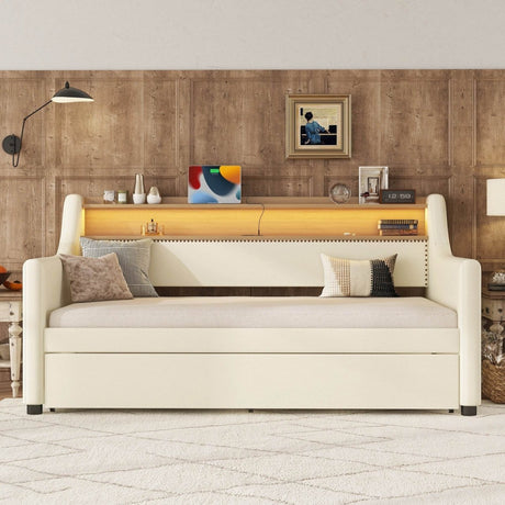 Twin PU Leather Daybed With Trundle Charging Station And LED Light - Slumberine - Sleep Galleria