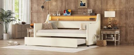 Twin PU Leather Daybed With Trundle Charging Station And LED Light - Slumberine - Sleep Galleria
