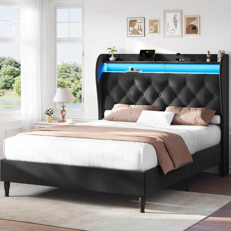 Corduroy Upholstered Platform Bed Frame with LED Lighting and Charging Station - Somnio - Sleep Galleria
