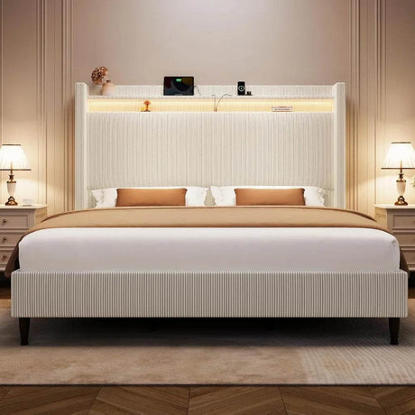 Corduroy Upholstered Platform Bed Frame with LED Lighting and Charging Station - Somnio - Sleep Galleria
