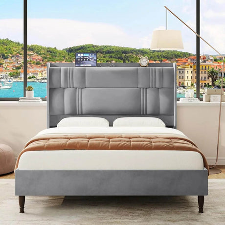 Corduroy Upholstered Platform Bed Frame with LED Lighting and Charging Station - Somnio - Sleep Galleria