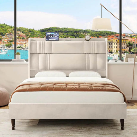 Corduroy Upholstered Platform Bed Frame with LED Lighting and Charging Station - Somnio - Sleep Galleria