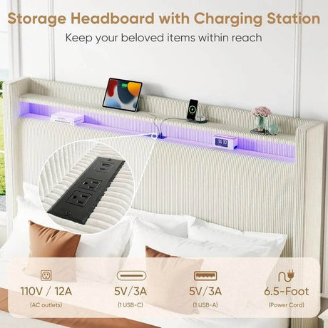 Corduroy Upholstered Platform Bed Frame with LED Lighting and Charging Station - Somnio - Sleep Galleria