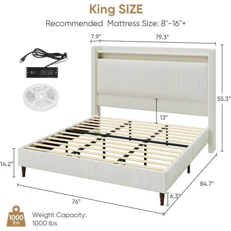Corduroy Upholstered Platform Bed Frame with LED Lighting and Charging Station - Somnio - Sleep Galleria