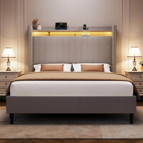 Corduroy Upholstered Platform Bed Frame with LED Lighting and Charging Station - Somnio - Sleep Galleria
