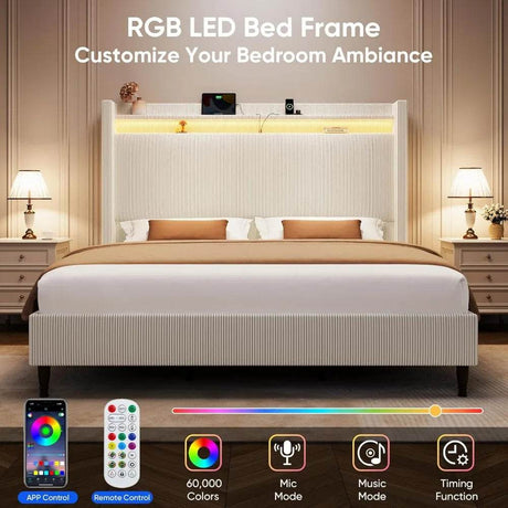 Corduroy Upholstered Platform Bed Frame with LED Lighting and Charging Station - Somnio - Sleep Galleria