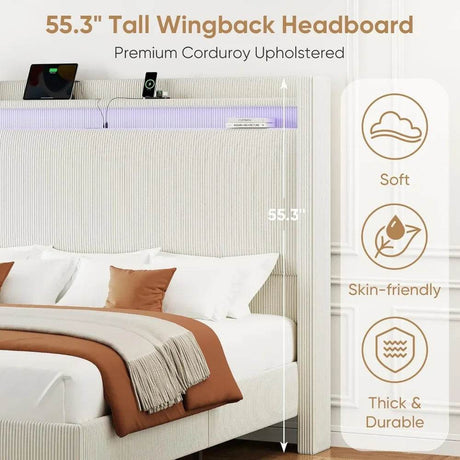Corduroy Upholstered Platform Bed Frame with LED Lighting and Charging Station - Somnio - Sleep Galleria