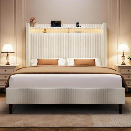 Corduroy Upholstered Platform Bed Frame with LED Lighting and Charging Station - Somnio - Sleep Galleria