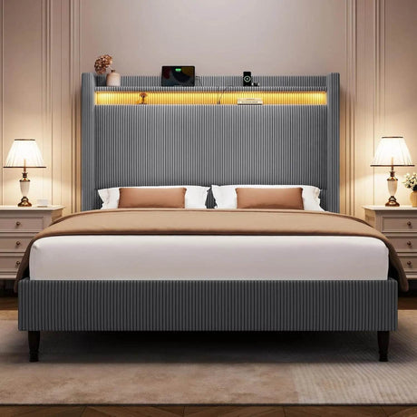 Corduroy Upholstered Platform Bed Frame with LED Lighting and Charging Station - Somnio - Sleep Galleria