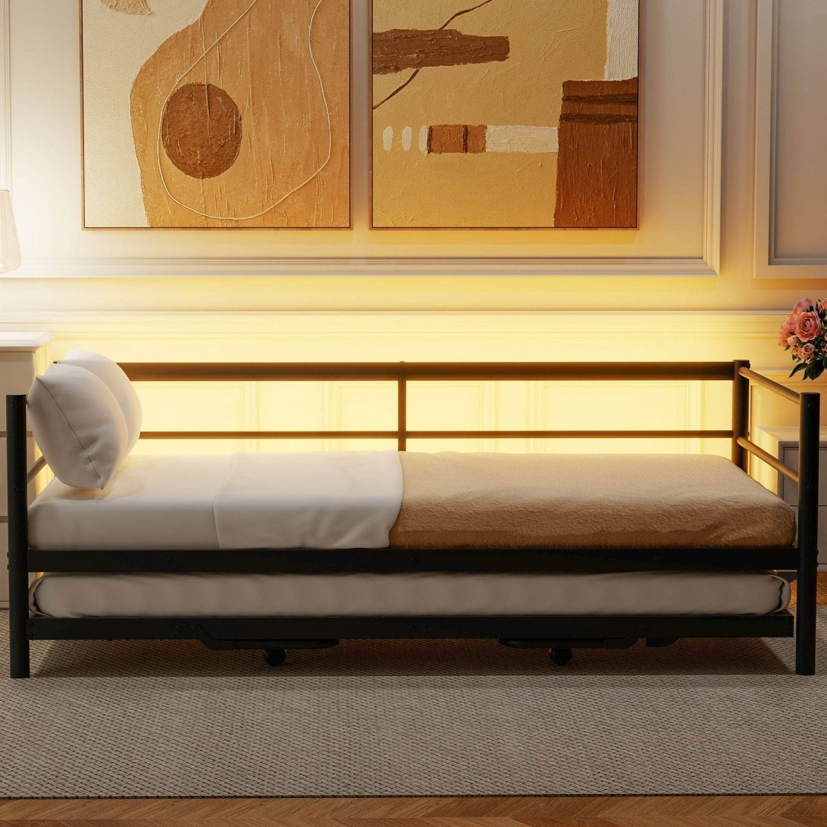 Twin Metal Daybed With LED Lighting And Adjustable Trundle - Somnio - Sleep Galleria