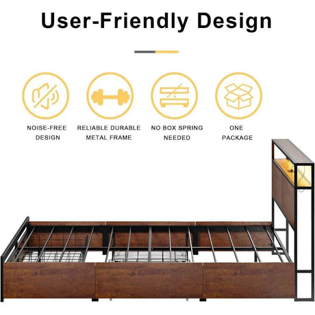 Metal Platform Bed Frame with Storage Headboard, 4 Drawers, LED Lights, and Charging Station - Tongyue - Sleep Galleria