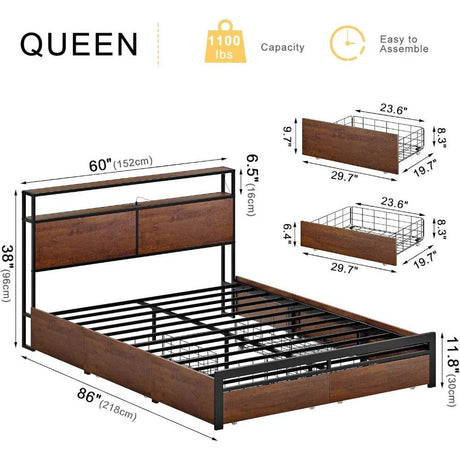 Metal Platform Bed Frame with Storage Headboard, 4 Drawers, LED Lights, and Charging Station - Tongyue - Sleep Galleria