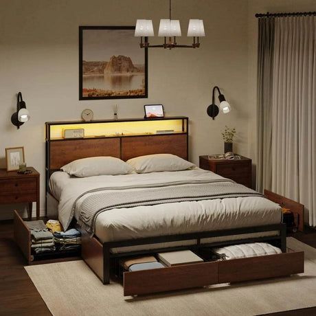 Metal Platform Bed Frame with Storage Headboard, 4 Drawers, LED Lights, and Charging Station - Tongyue - Sleep Galleria
