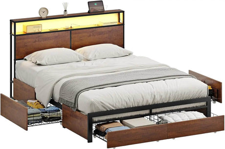 Metal Platform Bed Frame with Storage Headboard, 4 Drawers, LED Lights, and Charging Station - Tongyue - Sleep Galleria