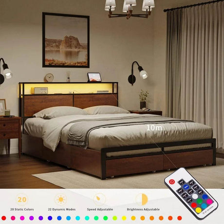 Metal Platform Bed Frame with Storage Headboard, 4 Drawers, LED Lights, and Charging Station - Tongyue - Sleep Galleria