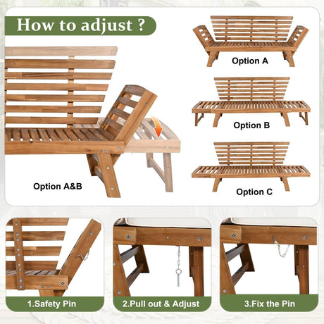 Outdoor Adjustable Acacia Wood Patio Daybed With Cushions - Sleep Galleria