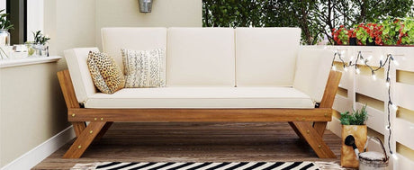 Outdoor Adjustable Acacia Wood Patio Daybed With Cushions - Sleep Galleria