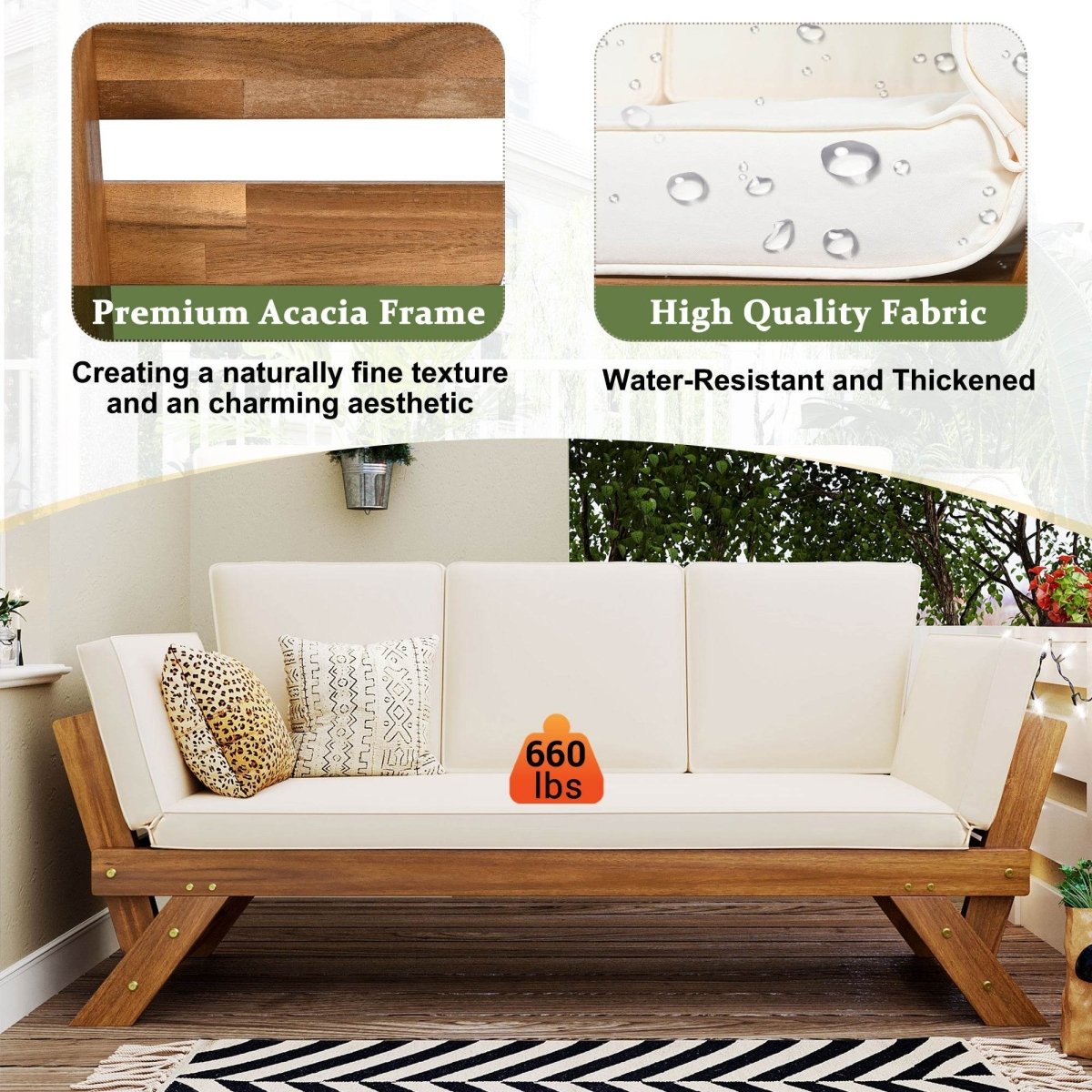 Outdoor Adjustable Acacia Wood Patio Daybed With Cushions - Sleep Galleria