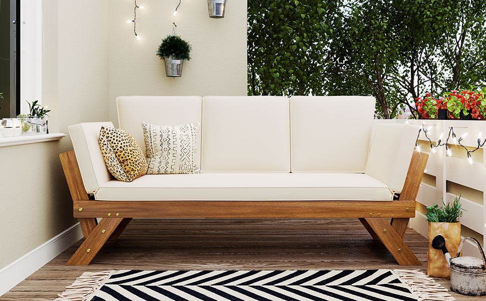 Outdoor Adjustable Acacia Wood Patio Daybed With Cushions - Sleep Galleria