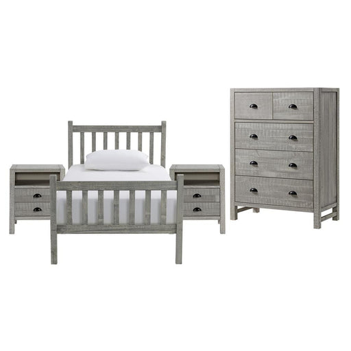 Trademark Global, Inc. Furniture > Home Furniture-Bedroom Furniture-Beds Windsor 4-Piece Wood Bedroom Set with Slat Twin Bed, 2 Nightstands and 5- Drawer Chest, Gray