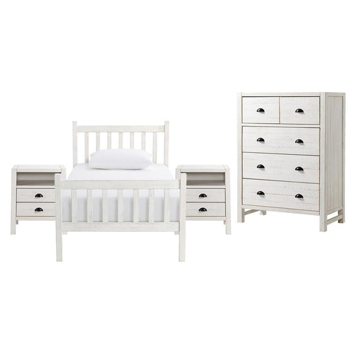 Trademark Global, Inc. Furniture > Home Furniture-Bedroom Furniture-Beds Windsor 4-Piece Wood Bedroom Set with Slat Twin Bed, 2 Nightstands and 5- Drawer Chest, White