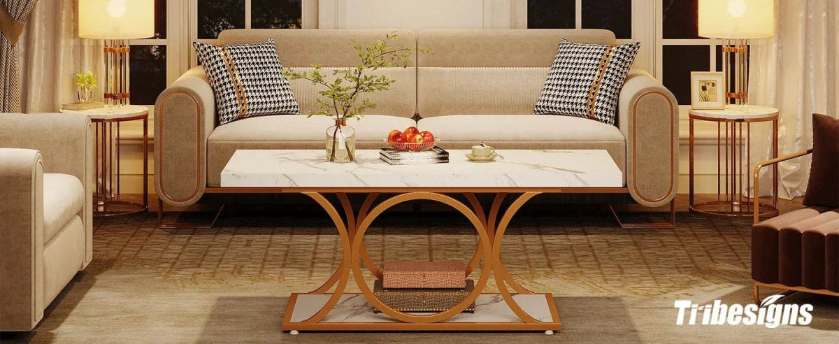 Modern 2-Tier Rectangular Marble Veneer Coffee Table - Sleep Galleria