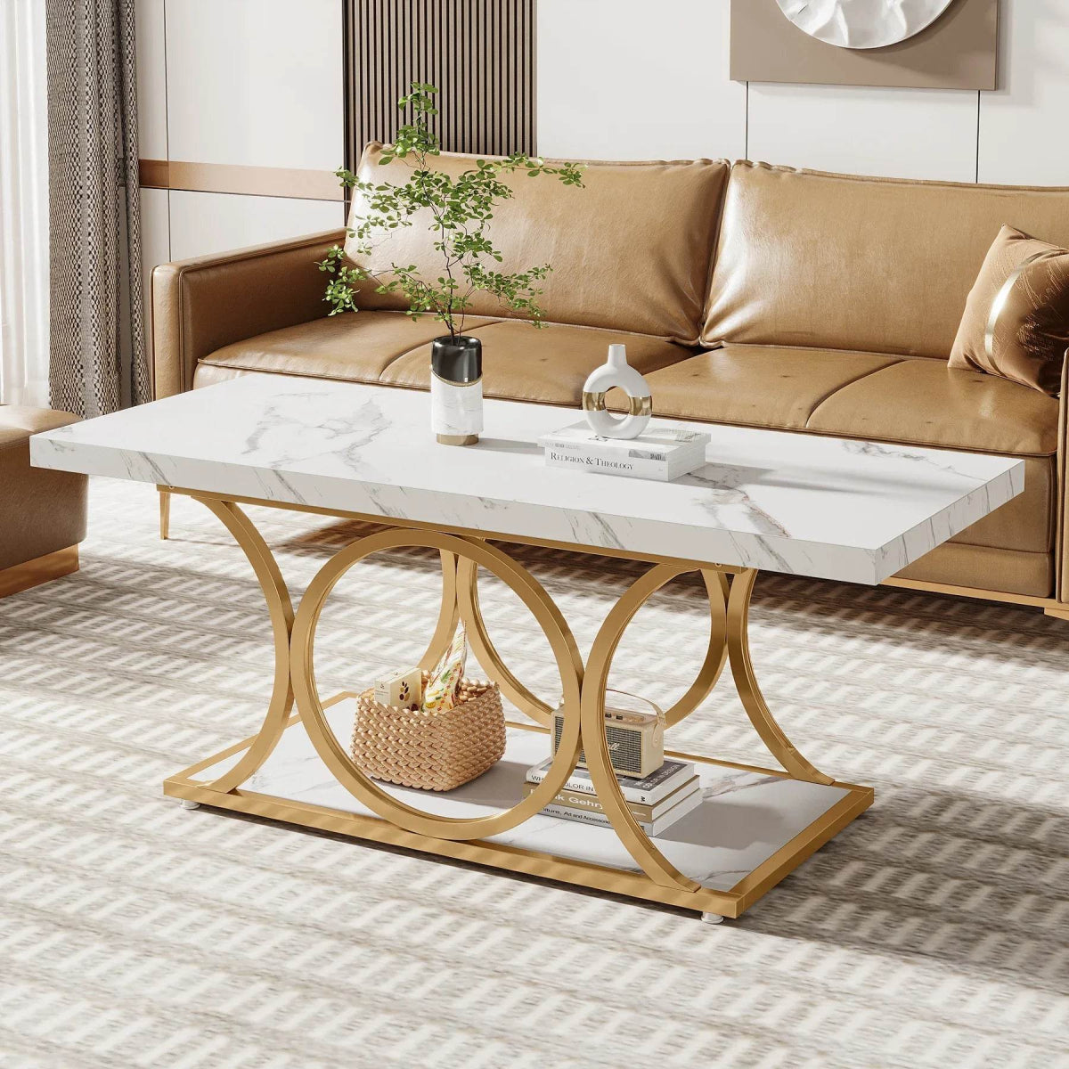 Modern 2-Tier Rectangular Marble Veneer Coffee Table - Sleep Galleria