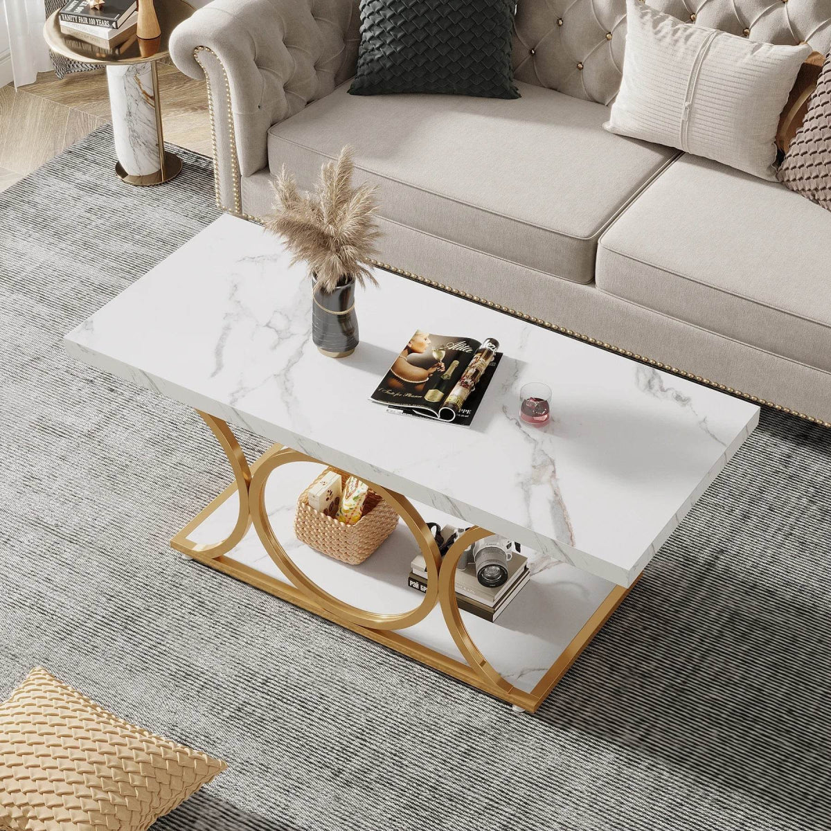 Modern 2-Tier Rectangular Marble Veneer Coffee Table - Sleep Galleria