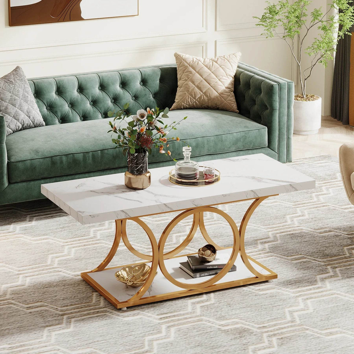 Modern 2-Tier Rectangular Marble Veneer Coffee Table - Sleep Galleria