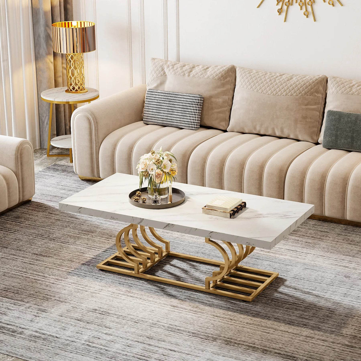 Modern 2-Tier Rectangular Marble Veneer Coffee Table - Sleep Galleria