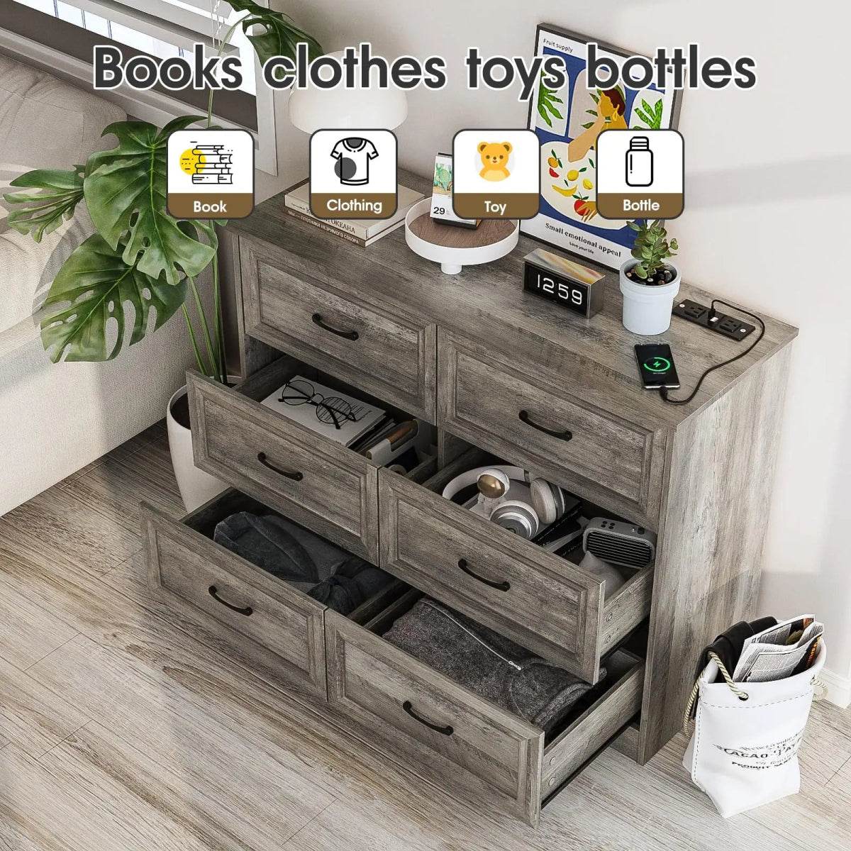 6-Drawer Modern Wood Dresser With Charging Station - Sleep Galleria