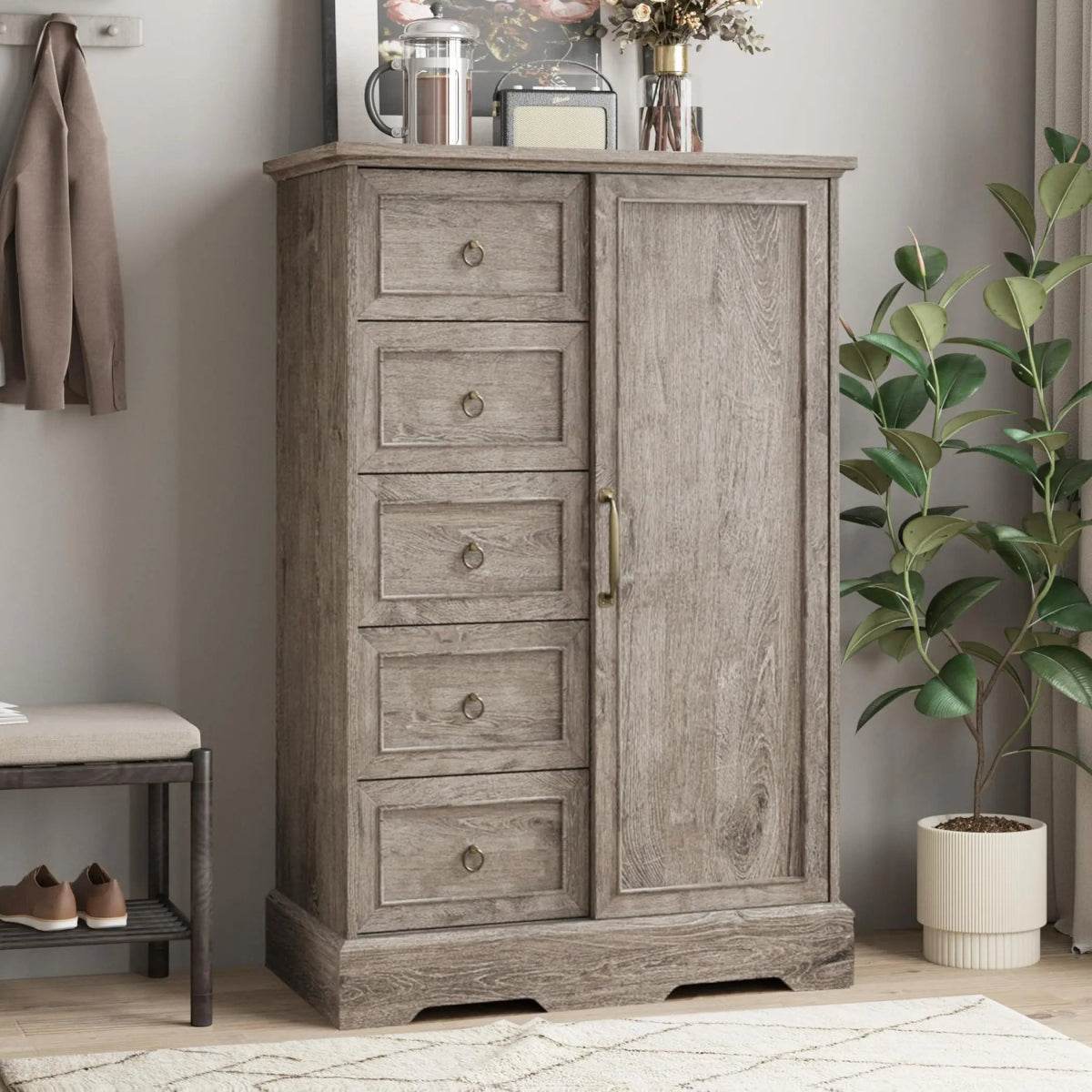 Farmhouse 5-Drawer Dresser With Sliding Barn Door - Sleep Galleria