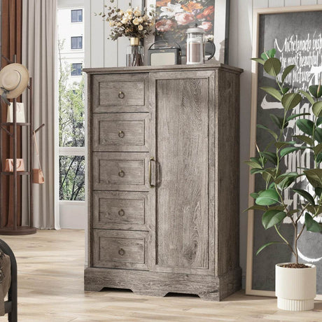 Farmhouse 5-Drawer Dresser With Sliding Barn Door - Sleep Galleria