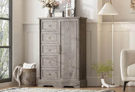 Farmhouse 5-Drawer Dresser With Sliding Barn Door - Sleep Galleria