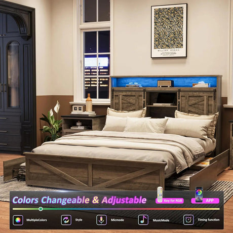 Platform Bed Frame With Storage Drawers LED Lighting Power Strip - Vabches - Sleep Galleria