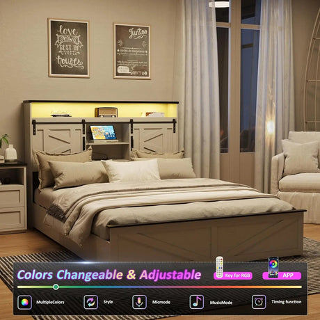 Platform Bed Frame With Storage Drawers LED Lighting Power Strip - Vabches - Sleep Galleria