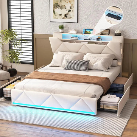 Upholstered Bed Frame With Storage Drawers Charging Station - Vabches - Sleep Galleria