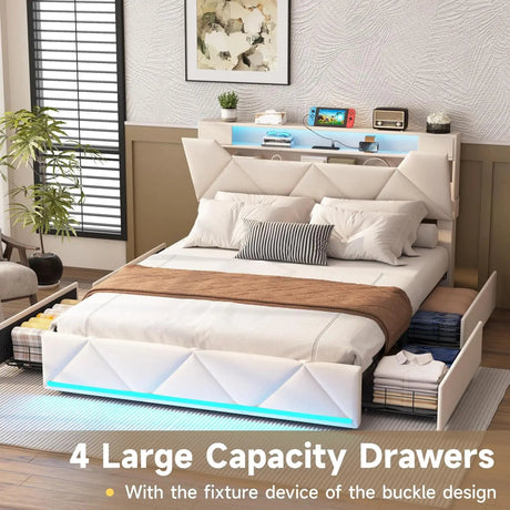 Upholstered Bed Frame With Storage Drawers Charging Station - Vabches - Sleep Galleria