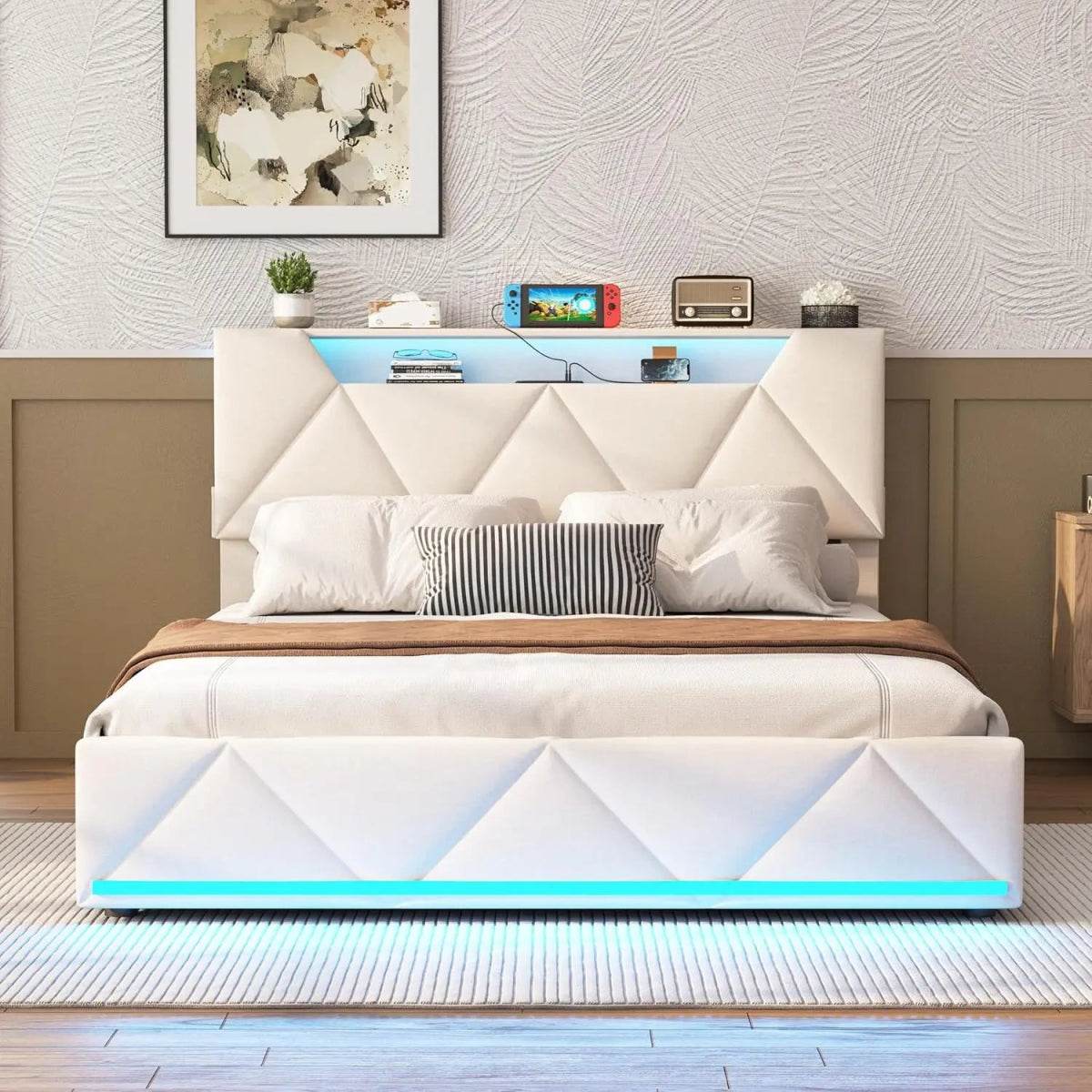 Upholstered Bed Frame With Storage Drawers Charging Station - Sleep Galleria