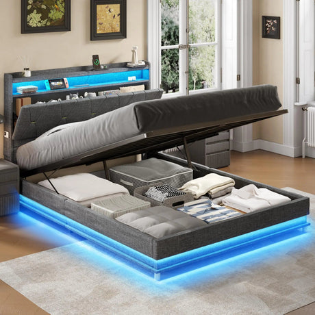 Upholstered Bed Frame With Storage LED Lights USB Ports - Vabches - Sleep Galleria