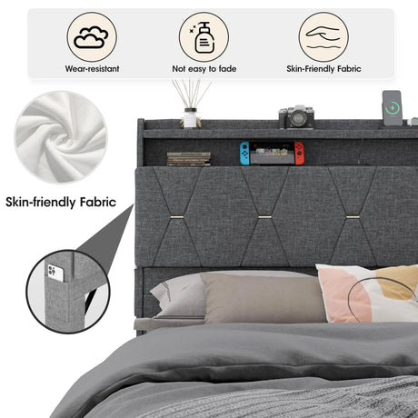 Upholstered Bed Frame With Storage LED Lights USB Ports - Vabches - Sleep Galleria
