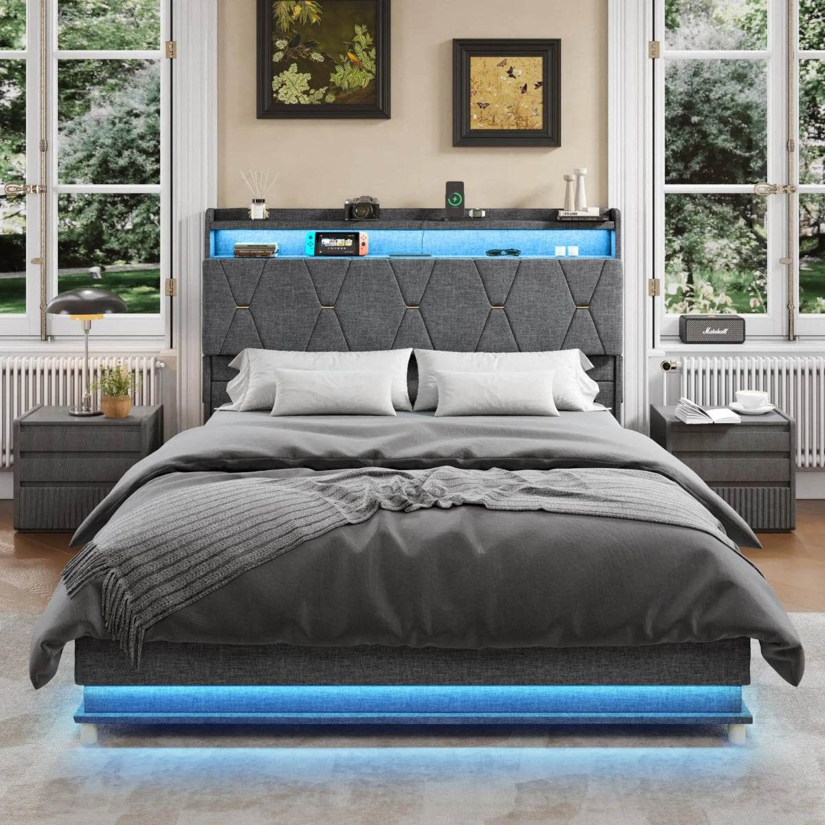 Upholstered Bed Frame With Storage LED Lights USB Ports - Sleep Galleria