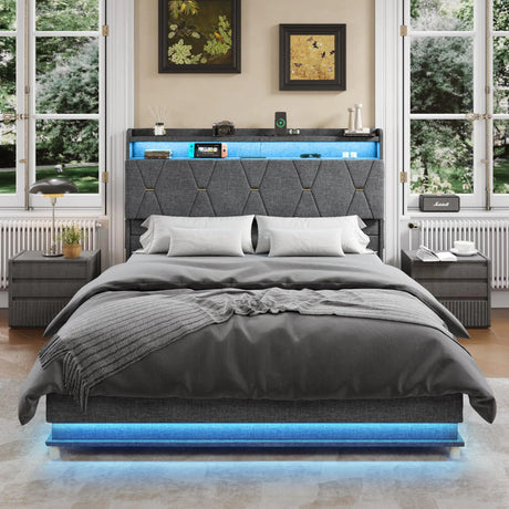 Upholstered Bed Frame With Storage LED Lights USB Ports - Vabches - Sleep Galleria