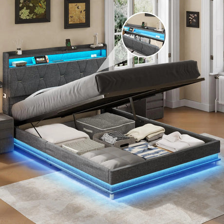 Upholstered Bed Frame With Storage LED Lights USB Ports - Vabches - Sleep Galleria
