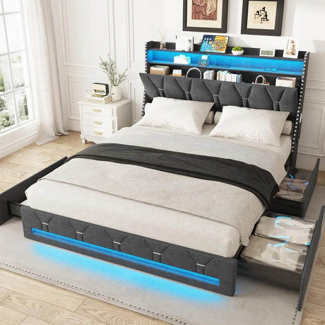 Upholstered Platform Bed Frame With Storage Drawers And LED Light - Sleep Galleria