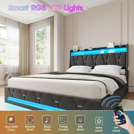 Upholstered Platform Bed Frame With Storage Drawers And LED Light - Sleep Galleria